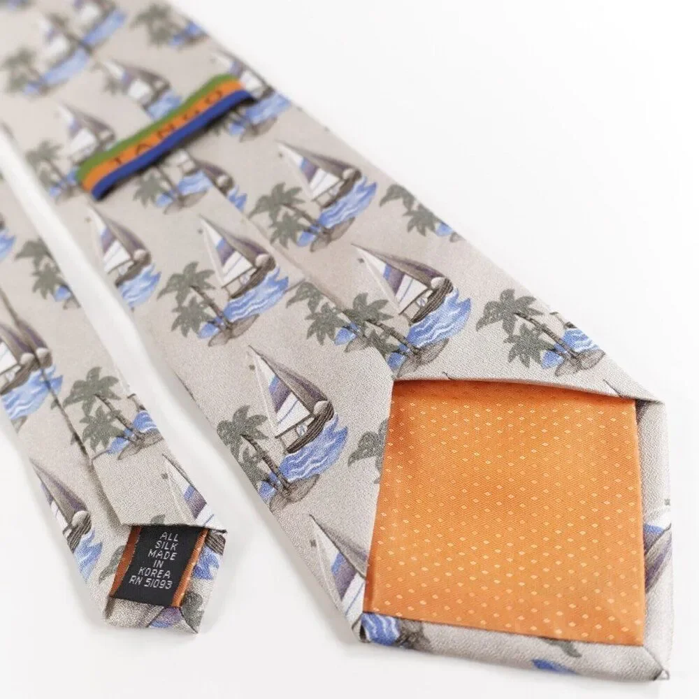 Tango Sand Beige Geometric‎ Novelty Island Sailboat Print Silk Tie